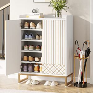 tribesigns white shoe cabinet, 25 pair shoe cabinets with doors, 5-tier modern shoe rack organizer cabinet, freestanding wood shoe storage cabinet with gold metal frame for bedroom hallway living room