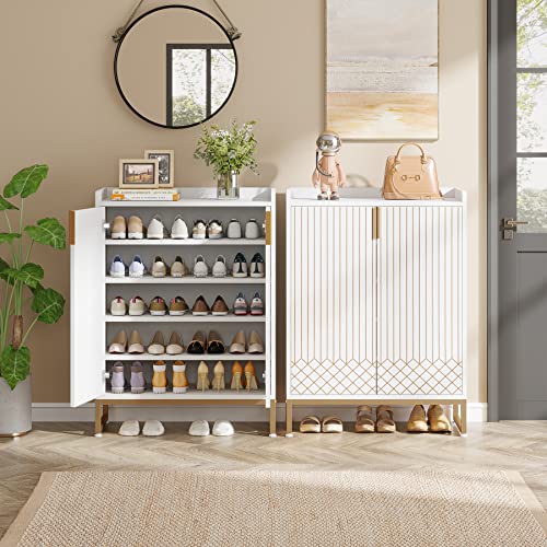 Tribesigns White Shoe Cabinet, 25 Pair Shoe Cabinets with Doors, 5-Tier Modern Shoe Rack Organizer Cabinet, Freestanding Wood Shoe Storage Cabinet with Gold Metal Frame for Bedroom Hallway Living Room