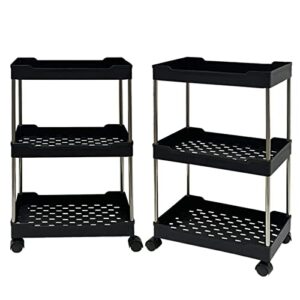 ohahalico 2 pack 3 tier storage cart, bathroom rolling utility cart storage organizer slide out cart, mobile shelving unit organizer trolley for office bathroom kitchen laundry room, black