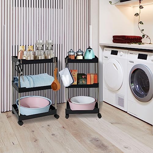 OHAHALICO 2 Pack 3 Tier Storage Cart, Bathroom Rolling Utility Cart Storage Organizer Slide Out Cart, Mobile Shelving Unit Organizer Trolley for Office Bathroom Kitchen Laundry Room, Black