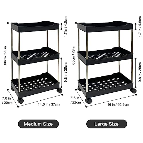 OHAHALICO 2 Pack 3 Tier Storage Cart, Bathroom Rolling Utility Cart Storage Organizer Slide Out Cart, Mobile Shelving Unit Organizer Trolley for Office Bathroom Kitchen Laundry Room, Black