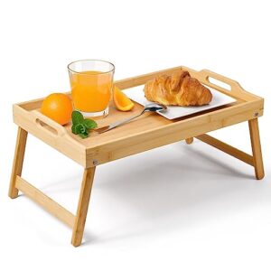 bed table tray, bamboo bed tray table for eating and laptops, 19.7" x11.81'' large size breakfast food tray foldable legs, serving tray with handles for sofa, bed, eating, snacking and working