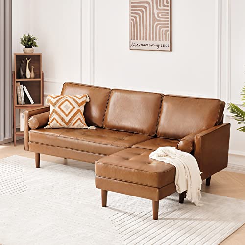 Vonanda Sofa Couch, Sectional Couch Convertible Sectional Sofa L Shaped Couch with Reversible Chaise and Bolster Pillows, Faux Leather Couch for Living Room, Apartment and Small Space, Caramel