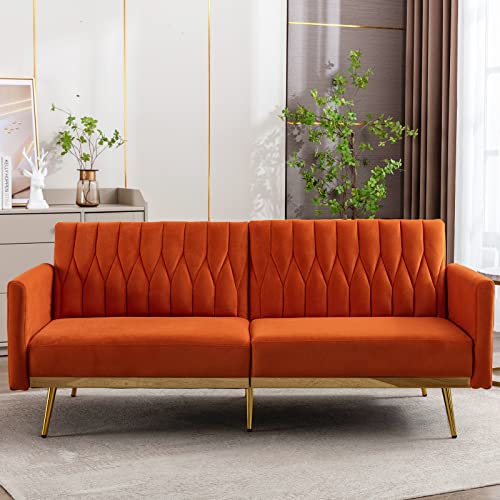 TTGIEET 70" W Velvet Convertible Futon Sofa Bed, Mid Century Modern Decor, Tufted Loveseat Couch Sleeper Futon Sofa with Adjustable Armrests& Golden Metal Legs for Home Living Room Bedroom (Orange)