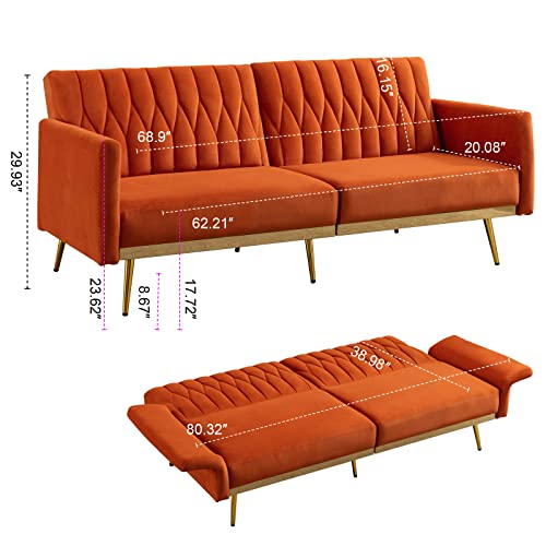 TTGIEET 70" W Velvet Convertible Futon Sofa Bed, Mid Century Modern Decor, Tufted Loveseat Couch Sleeper Futon Sofa with Adjustable Armrests& Golden Metal Legs for Home Living Room Bedroom (Orange)