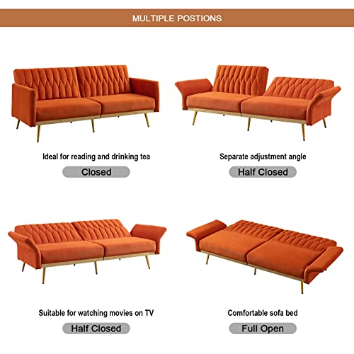 TTGIEET 70" W Velvet Convertible Futon Sofa Bed, Mid Century Modern Decor, Tufted Loveseat Couch Sleeper Futon Sofa with Adjustable Armrests& Golden Metal Legs for Home Living Room Bedroom (Orange)