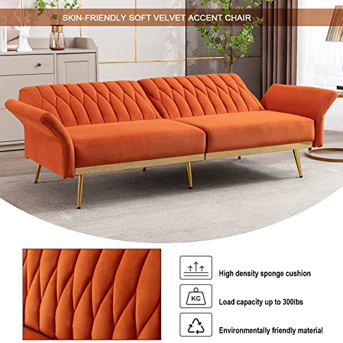 TTGIEET 70" W Velvet Convertible Futon Sofa Bed, Mid Century Modern Decor, Tufted Loveseat Couch Sleeper Futon Sofa with Adjustable Armrests& Golden Metal Legs for Home Living Room Bedroom (Orange)