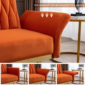 TTGIEET 70" W Velvet Convertible Futon Sofa Bed, Mid Century Modern Decor, Tufted Loveseat Couch Sleeper Futon Sofa with Adjustable Armrests& Golden Metal Legs for Home Living Room Bedroom (Orange)