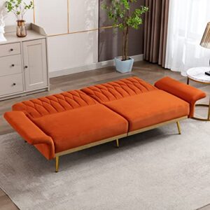 TTGIEET 70" W Velvet Convertible Futon Sofa Bed, Mid Century Modern Decor, Tufted Loveseat Couch Sleeper Futon Sofa with Adjustable Armrests& Golden Metal Legs for Home Living Room Bedroom (Orange)