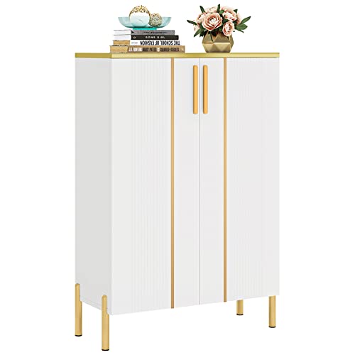 LITTLE TREE Shoe Cabinet with Doors, 6-Tier Shoe Storage Cabinet for Entryway, White and Gold