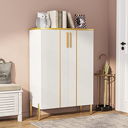 LITTLE TREE Shoe Cabinet with Doors, 6-Tier Shoe Storage Cabinet for Entryway, White and Gold