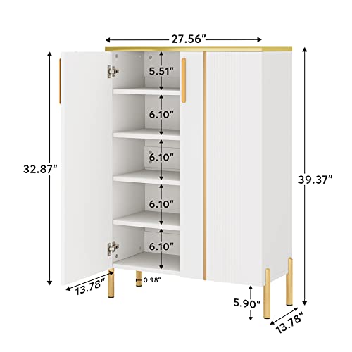 LITTLE TREE Shoe Cabinet with Doors, 6-Tier Shoe Storage Cabinet for Entryway, White and Gold