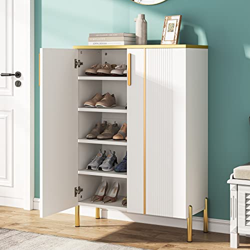 LITTLE TREE Shoe Cabinet with Doors, 6-Tier Shoe Storage Cabinet for Entryway, White and Gold