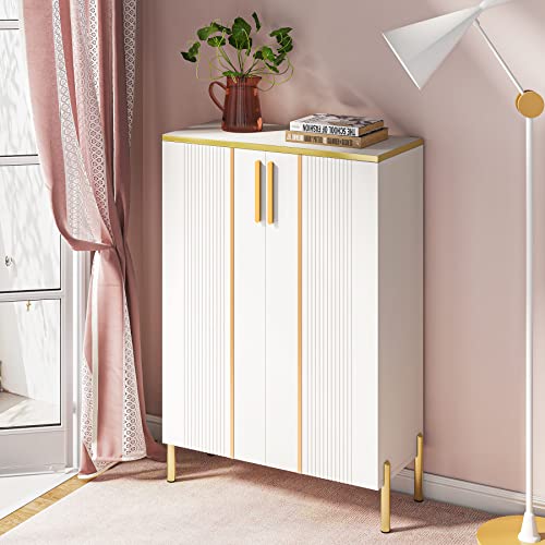 LITTLE TREE Shoe Cabinet with Doors, 6-Tier Shoe Storage Cabinet for Entryway, White and Gold