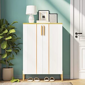 LITTLE TREE Shoe Cabinet with Doors, 6-Tier Shoe Storage Cabinet for Entryway, White and Gold