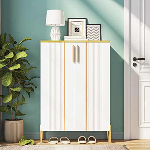 LITTLE TREE Shoe Cabinet with Doors, 6-Tier Shoe Storage Cabinet for Entryway, White and Gold