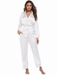ekouaer womens satin pajamas set long sleeve lounge set v neck nightwear 2 piece silk sleepwear white