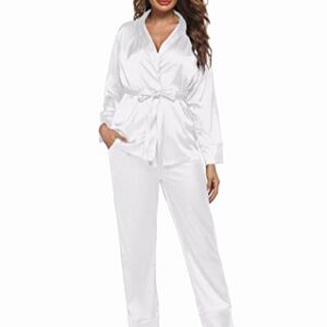 Ekouaer Womens Satin Pajamas Set Long Sleeve Lounge Set V Neck Nightwear 2 Piece Silk Sleepwear White