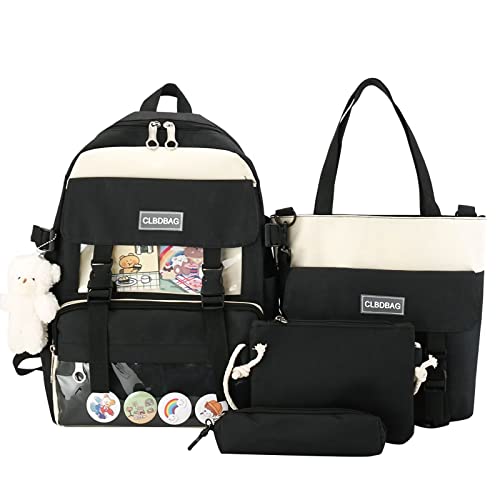 MOJIDUO Kawaii Backpack 4Pcs Set with cute plush Pendants & Badge,High capacity School Bag Cute Aesthetic Backpack