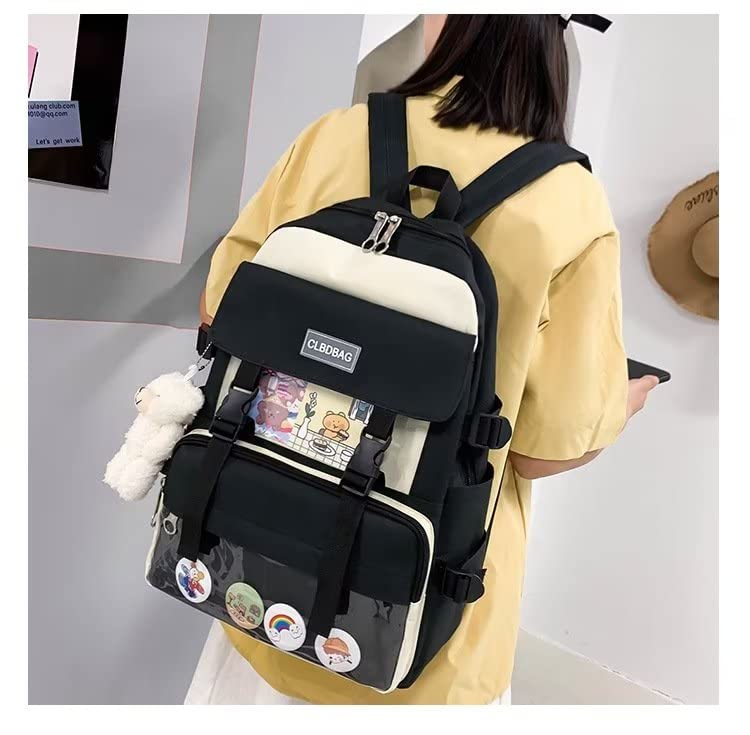 MOJIDUO Kawaii Backpack 4Pcs Set with cute plush Pendants & Badge,High capacity School Bag Cute Aesthetic Backpack