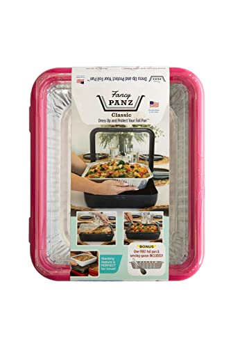 Fancy Panz Classic, Dress Up & Protect Your Foil Pan, Made in USA, Fits Half Size Foil Pans. Foil Pan & Serving Spoon Included. Hot or Cold Food. Stackable for easy travel. (Hot Pink)