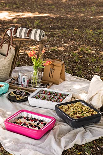 Fancy Panz Classic, Dress Up & Protect Your Foil Pan, Made in USA, Fits Half Size Foil Pans. Foil Pan & Serving Spoon Included. Hot or Cold Food. Stackable for easy travel. (Hot Pink)