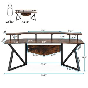 Tribesigns Computer Desk, 70.9" Large Home Office Desk with Monitor Stand, Modern Wing-Shaped Gaming Studio Desk Study Table Workstation for Live, Streamer,Rustic Brown