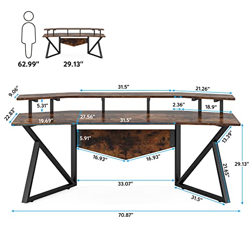 Tribesigns Computer Desk, 70.9" Large Home Office Desk with Monitor Stand, Modern Wing-Shaped Gaming Studio Desk Study Table Workstation for Live, Streamer,Rustic Brown