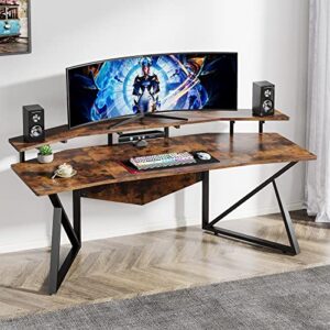 tribesigns computer desk, 70.9" large home office desk with monitor stand, modern wing-shaped gaming studio desk study table workstation for live, streamer,rustic brown