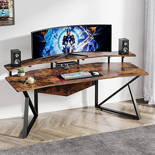 Tribesigns Computer Desk, 70.9" Large Home Office Desk with Monitor Stand, Modern Wing-Shaped Gaming Studio Desk Study Table Workstation for Live, Streamer,Rustic Brown