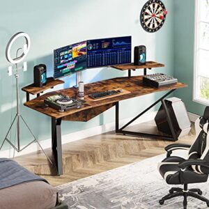 Tribesigns Computer Desk, 70.9" Large Home Office Desk with Monitor Stand, Modern Wing-Shaped Gaming Studio Desk Study Table Workstation for Live, Streamer,Rustic Brown