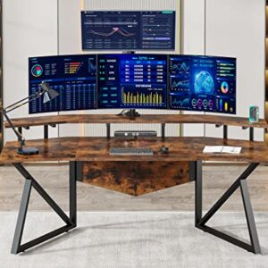 Tribesigns Computer Desk, 70.9" Large Home Office Desk with Monitor Stand, Modern Wing-Shaped Gaming Studio Desk Study Table Workstation for Live, Streamer,Rustic Brown