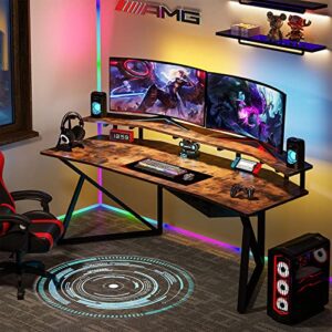 Tribesigns Computer Desk, 70.9" Large Home Office Desk with Monitor Stand, Modern Wing-Shaped Gaming Studio Desk Study Table Workstation for Live, Streamer,Rustic Brown