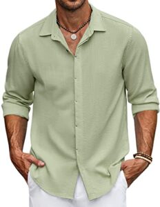coofandy men's beach linen shirts long sleeve casual buttton down shirts beach dress shirt light green