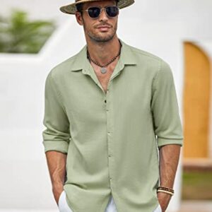 COOFANDY Men's Beach Linen Shirts Long Sleeve Casual Buttton Down Shirts Beach Dress Shirt Light Green