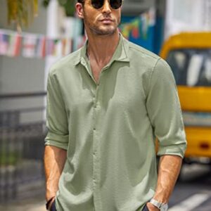 COOFANDY Men's Beach Linen Shirts Long Sleeve Casual Buttton Down Shirts Beach Dress Shirt Light Green