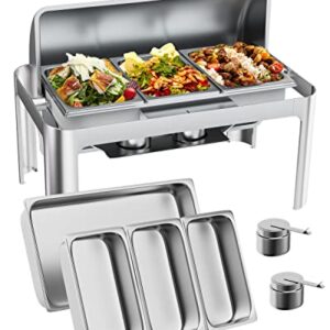 Halamine Roll Top Chafing Dish Buffet Set, 9 Qt Stainless Steel Catering Chafer Server with 3 1/3 Size Pans Rectangle Catering Warmer Server for Wedding, Parties, Banquet, Catering Events, Graduation