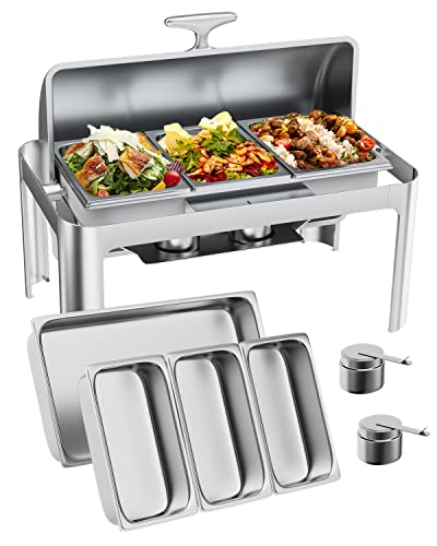 Halamine Roll Top Chafing Dish Buffet Set, 9 Qt Stainless Steel Catering Chafer Server with 3 1/3 Size Pans Rectangle Catering Warmer Server for Wedding, Parties, Banquet, Catering Events, Graduation