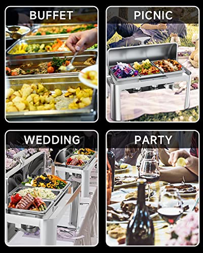 Halamine Roll Top Chafing Dish Buffet Set, 9 Qt Stainless Steel Catering Chafer Server with 3 1/3 Size Pans Rectangle Catering Warmer Server for Wedding, Parties, Banquet, Catering Events, Graduation