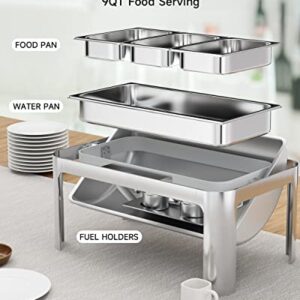 Halamine Roll Top Chafing Dish Buffet Set, 9 Qt Stainless Steel Catering Chafer Server with 3 1/3 Size Pans Rectangle Catering Warmer Server for Wedding, Parties, Banquet, Catering Events, Graduation