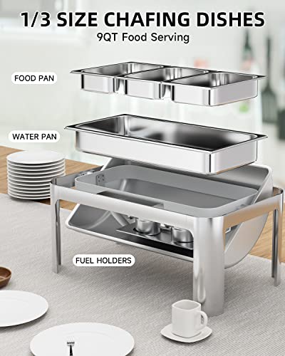 Halamine Roll Top Chafing Dish Buffet Set, 9 Qt Stainless Steel Catering Chafer Server with 3 1/3 Size Pans Rectangle Catering Warmer Server for Wedding, Parties, Banquet, Catering Events, Graduation