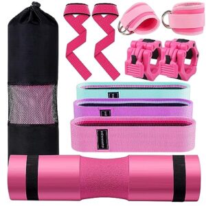 sinyway barbell pad set, 11 pcs barbell squat pad for hip thrusts, lunges, leg day with 2 gym ankle straps, 3 hip resistance bands, 2 lifting strap, 2 barbell clip, barbell pad and carry bag