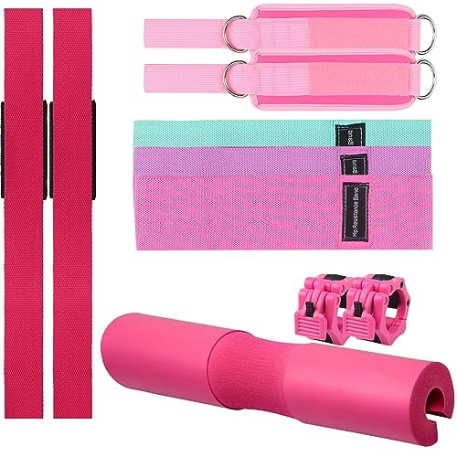 SINYWAY Barbell Pad Set, 11 Pcs Barbell Squat Pad for Hip Thrusts, Lunges, Leg day with 2 Gym Ankle Straps, 3 Hip Resistance Bands, 2 Lifting Strap, 2 Barbell Clip, Barbell Pad and Carry Bag