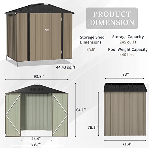 Greesum Metal Outdoor Storage Shed 8FT x 6FT, Steel Utility Tool Shed Storage House with Door & Lock, Metal Sheds Outdoor Storage for Backyard Garden Patio Lawn (8’x 6'), Brown