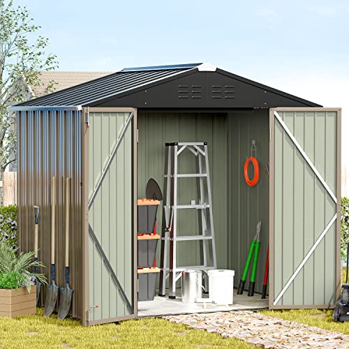 Greesum Metal Outdoor Storage Shed 8FT x 6FT, Steel Utility Tool Shed Storage House with Door & Lock, Metal Sheds Outdoor Storage for Backyard Garden Patio Lawn (8’x 6'), Brown