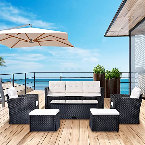 EMKK 6-Piece Patio Furniture All-Weather Wicker PE Rattan Outdoor Dining Conversation Sectional Set with Coffee Table, Sofas, Ottomans, Removable Cushions, Black+Beige