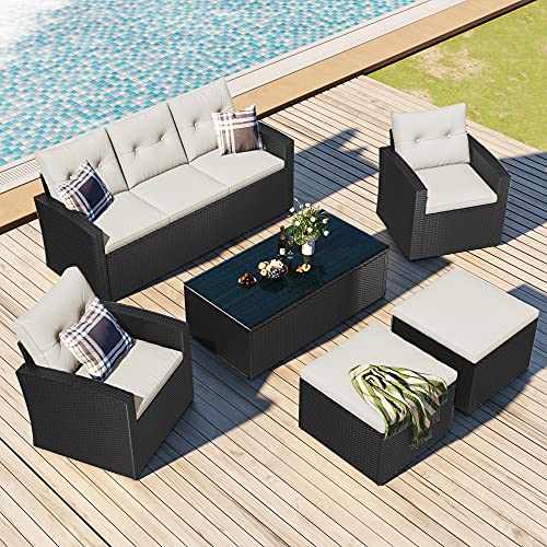 EMKK 6-Piece Patio Furniture All-Weather Wicker PE Rattan Outdoor Dining Conversation Sectional Set with Coffee Table, Sofas, Ottomans, Removable Cushions, Black+Beige