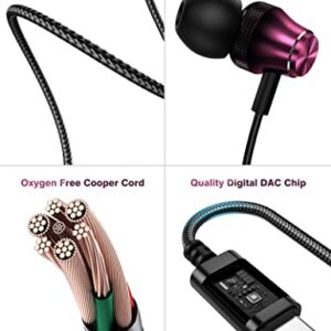 USB C Headphone Type C Earphone Hifi Stereo Wired Earbuds for Google Pixel 6a 7a 7 6 Samsung A53 A54 S23 in-Ear Noise Canceling Bass Corded Headset with Mic for Galaxy Z Flip Fold 5 4 S22 S21 S20 Wine