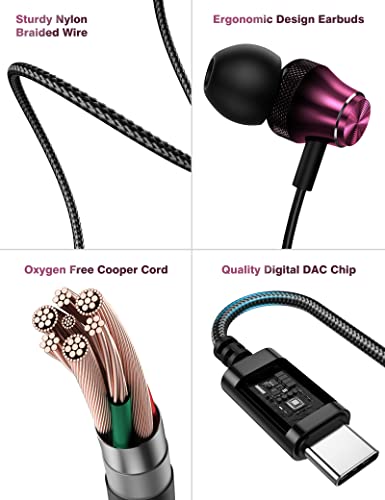 USB C Headphone Type C Earphone Hifi Stereo Wired Earbuds for Google Pixel 6a 7a 7 6 Samsung A53 A54 S23 in-Ear Noise Canceling Bass Corded Headset with Mic for Galaxy Z Flip Fold 5 4 S22 S21 S20 Wine