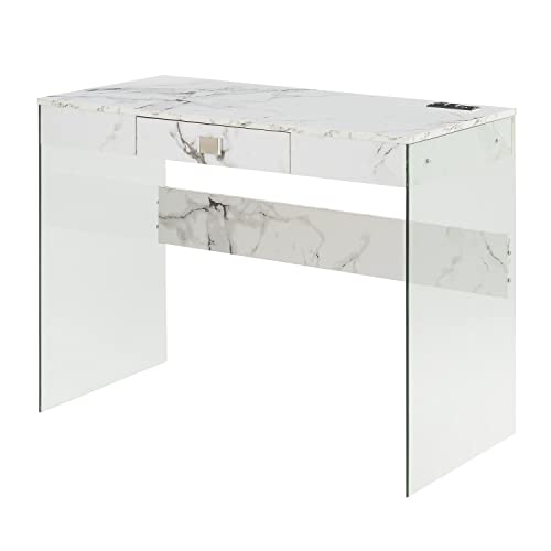 Convenience Concepts SoHo Glass Desk with Charging Station, 42", Faux White Marble & SoHo 4 Tier Tower Bookcase, White Faux Marble